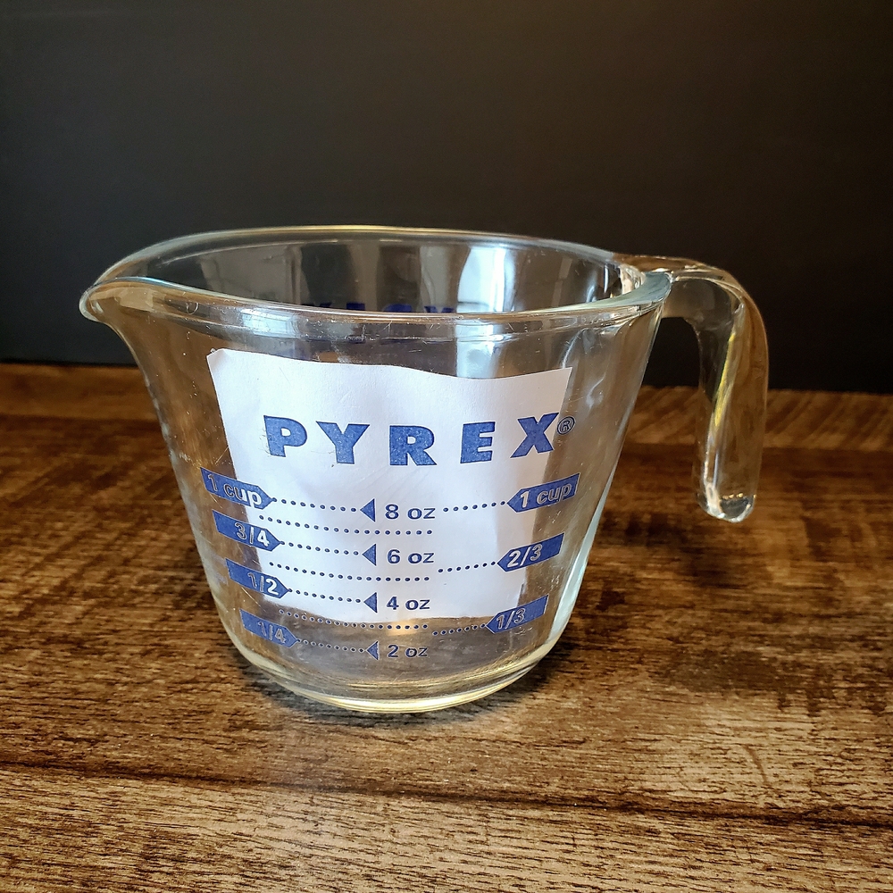 Vintage Pyrex Glass Measuring Cup with Blue Accents